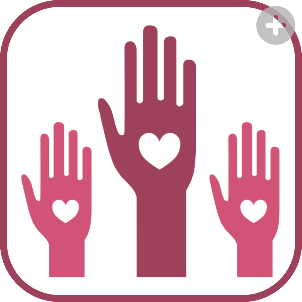 Icon of raised hands with hearts symbolizing volunteer support