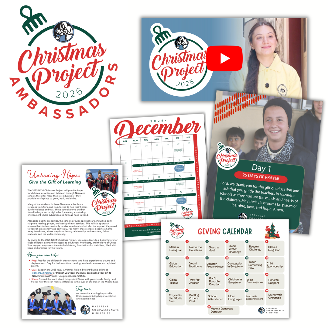 Four examples of 2025 Christmas Project Ambassador resources displayed in a fan arrangement