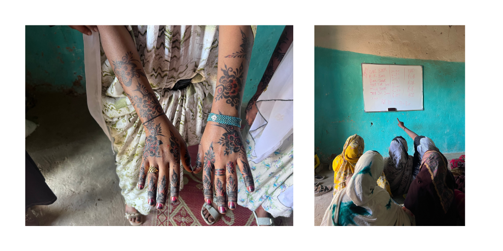 a woman's hands featuring intricate henna tattoos, and women learning in a classroom