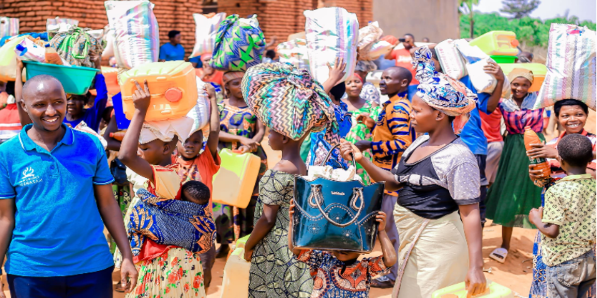 Families pick up aid packets